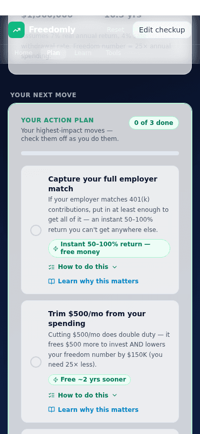 Freedomly action plan — your top financial moves